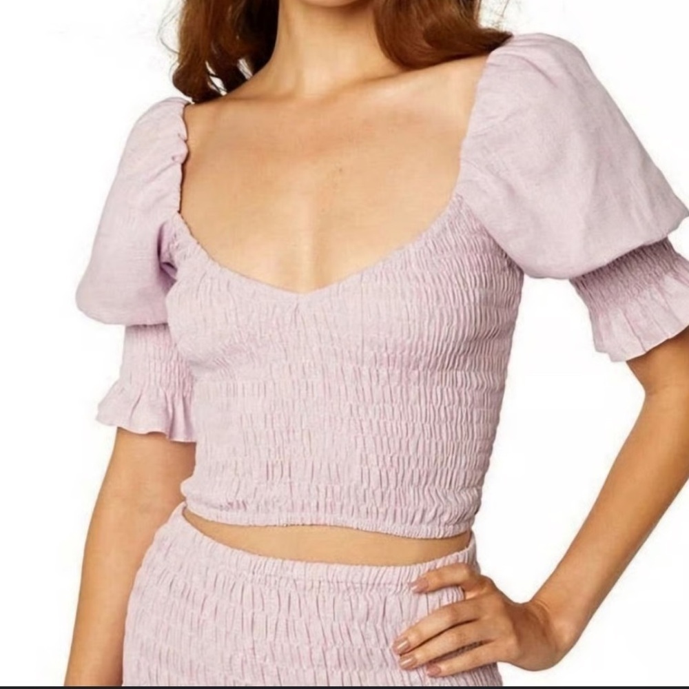Misa Los Angeles Pink Puff Sleeve Smocked Crop Top Medium